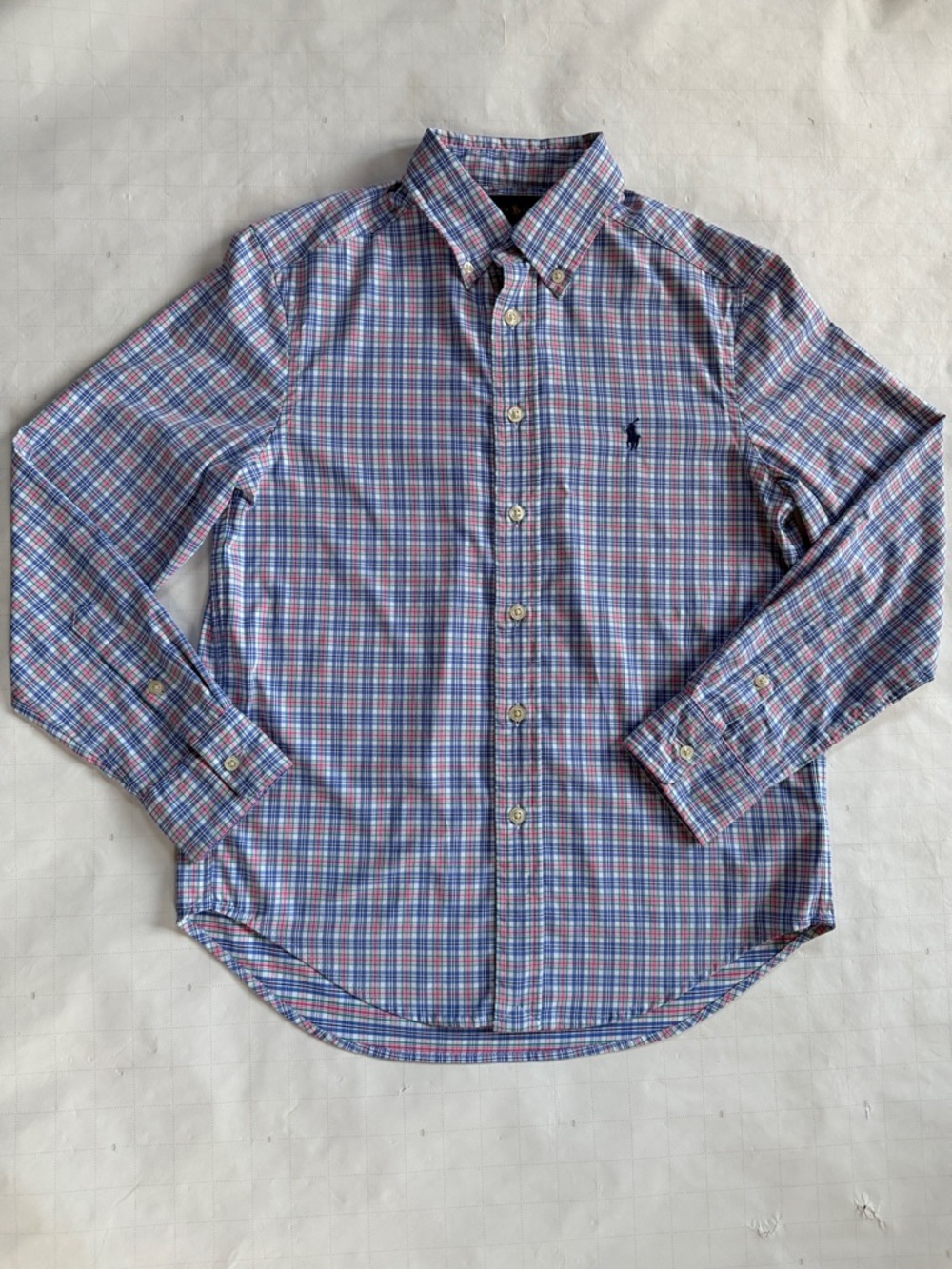 Boys Ralph Lauren Blue and Pink Plaid Button-Down Shirt - Size M (10-12)
